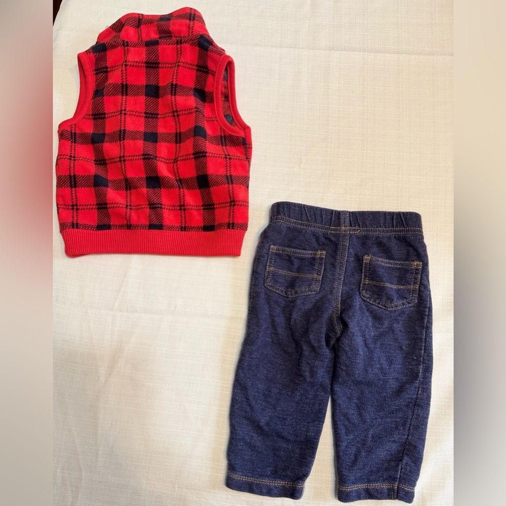 Carters | Red Plaid Fleece Vest and Blue Jeans Set | Size 12 Months - Picture 2 of 4